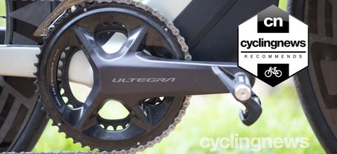 A close up of the crankset from the Shimano Ultegra groupset