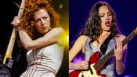 LEFT: Auf der Maur, Melissa Auf der Maur, Pukkelpopfestival, Hasselt, Belgium, 20th August 2004. RIGHT: Olivia Rodrigo performs during Lollapalooza at Grant Park on August 01, 2025 in Chicago, Illinois. 