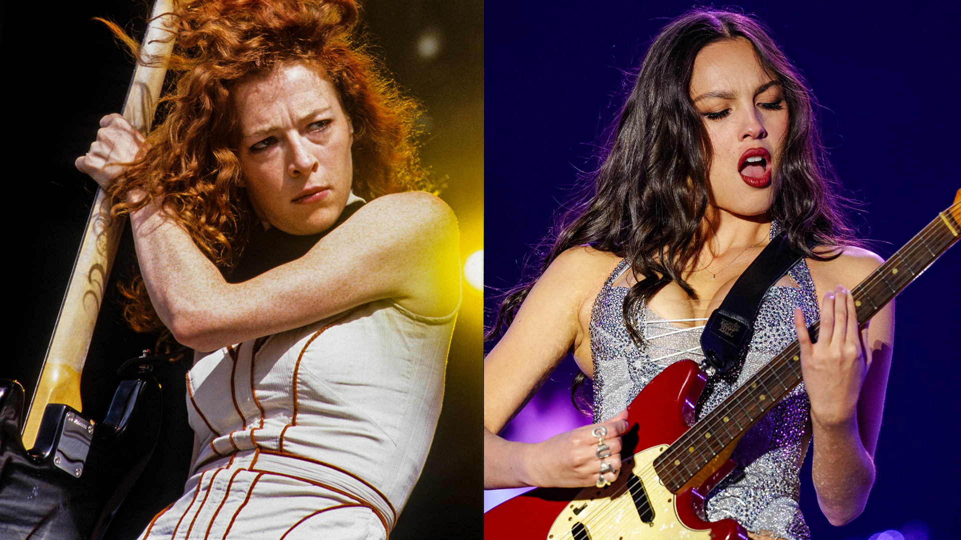 LEFT: Melissa Auf der Maur, Pukkelpopfestival, Hasselt, Belgium, 20th August 2004. RIGHT: Olivia Rodrigo performs during Lollapalooza at Grant Park on August 01, 2025 in Chicago, Illinois. 