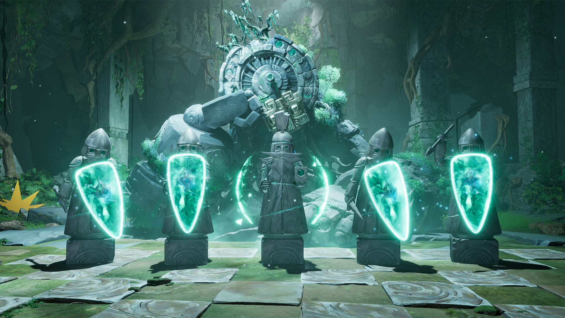 Combat in forest ruins against shielded enemies in Sea of Remnants