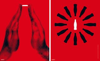 Left: Hands with a coca cola bottle top, Right: coca cola bottles on red background