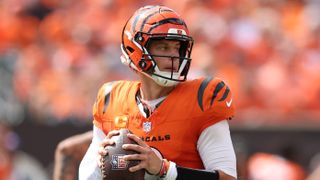 Joe Burrow #9 of the Cincinnati Bengals looks to pass during the game against the Jacksonville Jaguars at Paycor Stadium on September 14, 2025 in Cincinnati, Ohio. 
