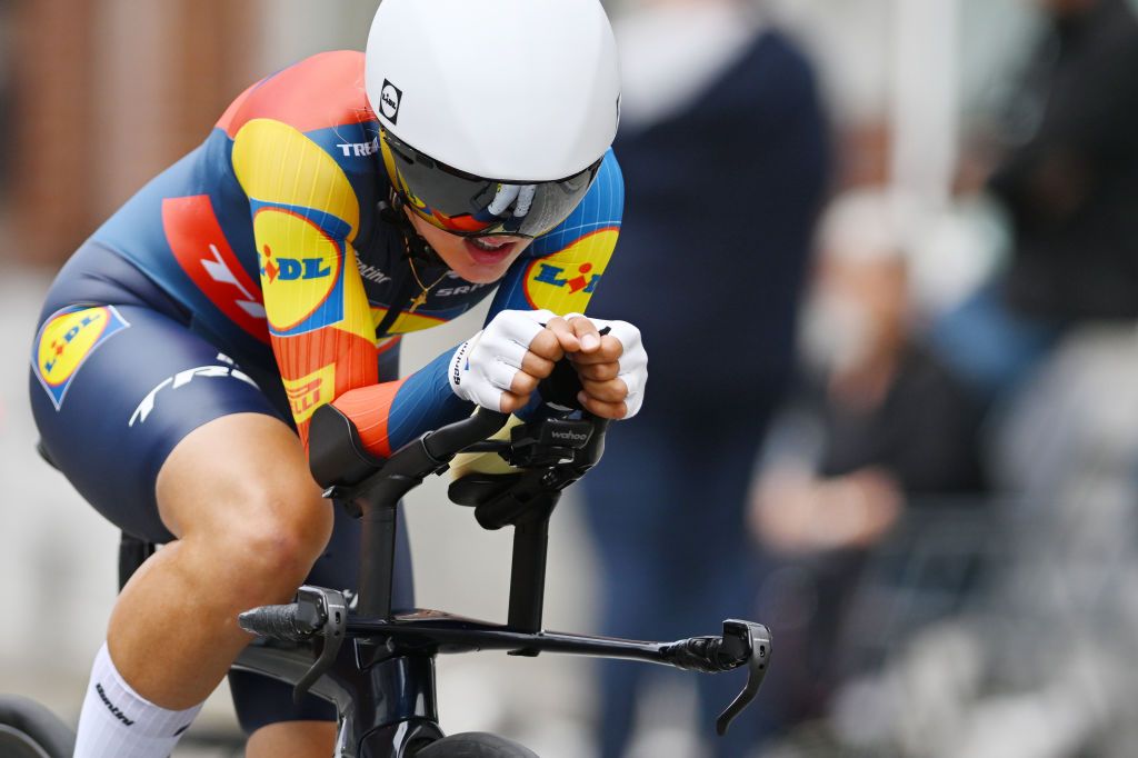 BINCHE BELGIUM JUNE 20 Fleur Moors of Belgium and Team Lidl Trek sprints during the 105th National Championships Belgium 2024 Womens Individual Time Trial a 193 km on June 20 2024 in Binche Belgium Photo by Luc ClaessenGetty Images
