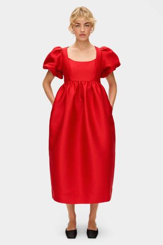 Ivy Puff Sleeve Satin Midi Dress