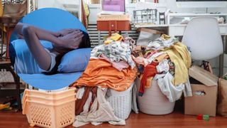 The image shows a cluttered bedroom, full of piles of clothing and miscellaneous items spilling out of bags and boxes. Inset in a circle in the top left is an image with a woman lying in bed awake in the middle of the night with her hands over her face in frustration. 