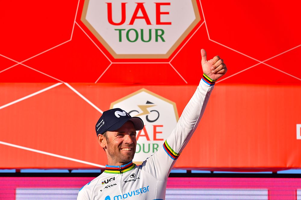 Alejandro Valverde (Movistar) gives thumbs up on the podium after winning stage 3 at the UAE Tour