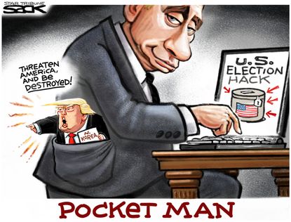Political cartoon U.S. Trump Russia election meddling North Korea