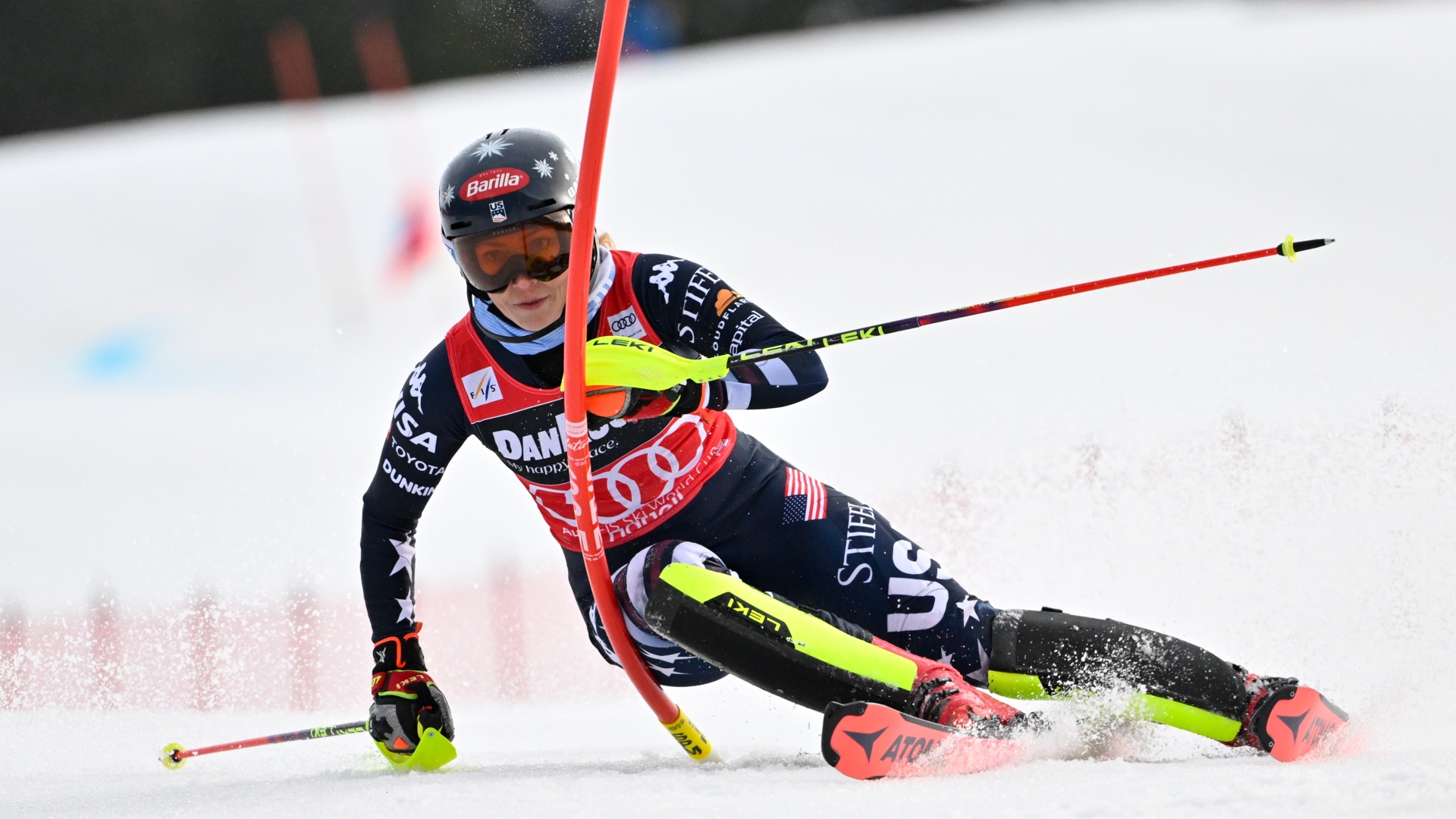 Mikaela Shiffrin in slalom action at the Alpine Ski World Cup in March 2026