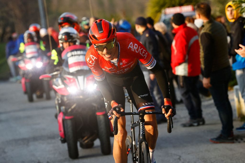 Team Arkea Samsics Warren Barguil of France rides at the lead in the last kilometers of the 5th stage of the Tirreno Adriatico cycling race 155 km from Sefro to Fermo on March 11 2022 Photo by Luca Bettini AFP Photo by LUCA BETTINIAFP via Getty Images