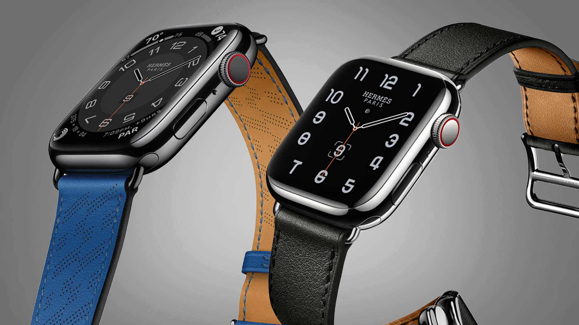 Two Apple Watches with leather bands on a grey background