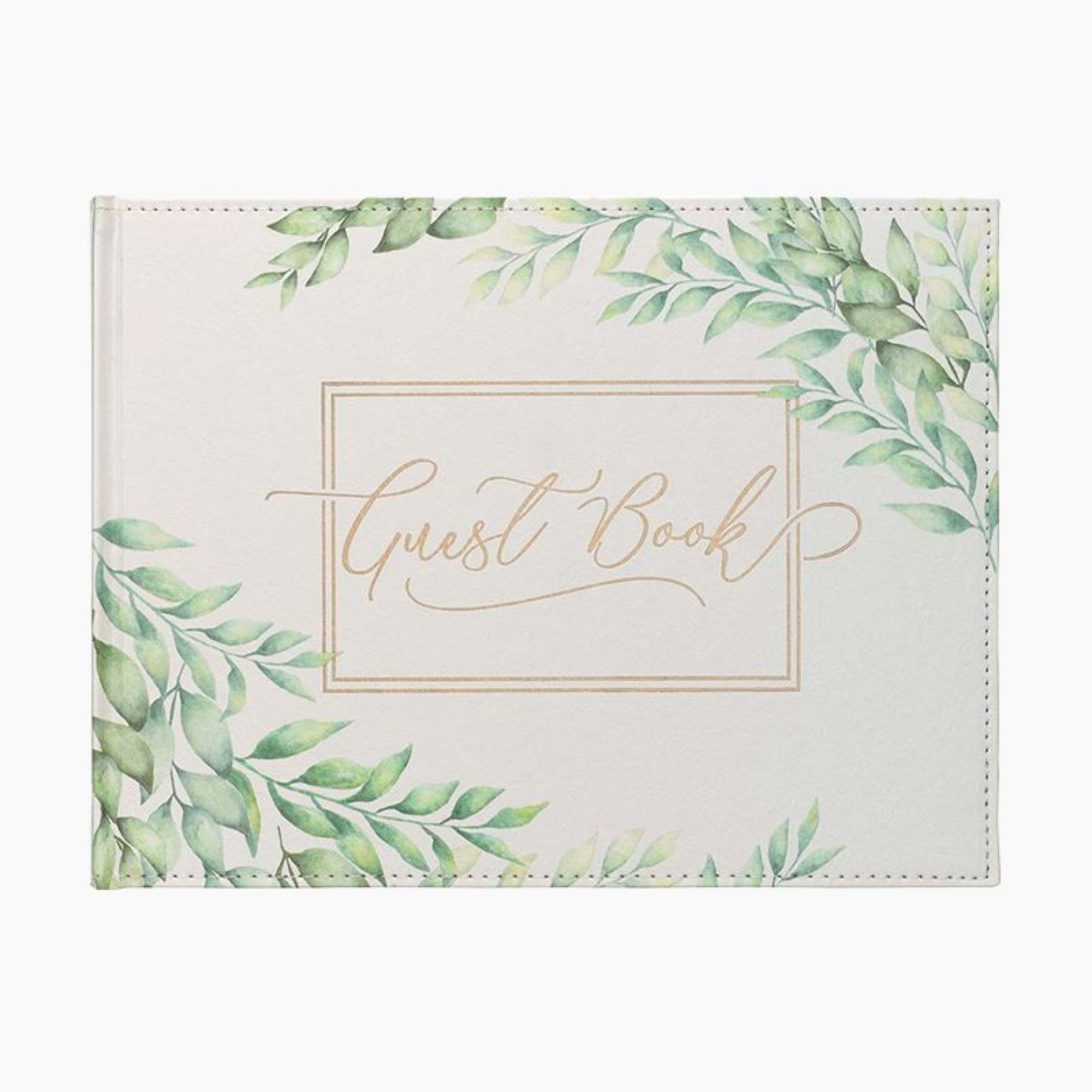 White guest book with green leaf design