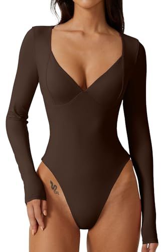 QINSEN Sexy Bodysuit for Women Sweetheart Neckline High Cut Thong Tops Long Sleeve Shirt Coffee Bean XS