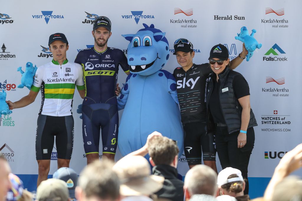 The top three pose with a Falls Creek mascot