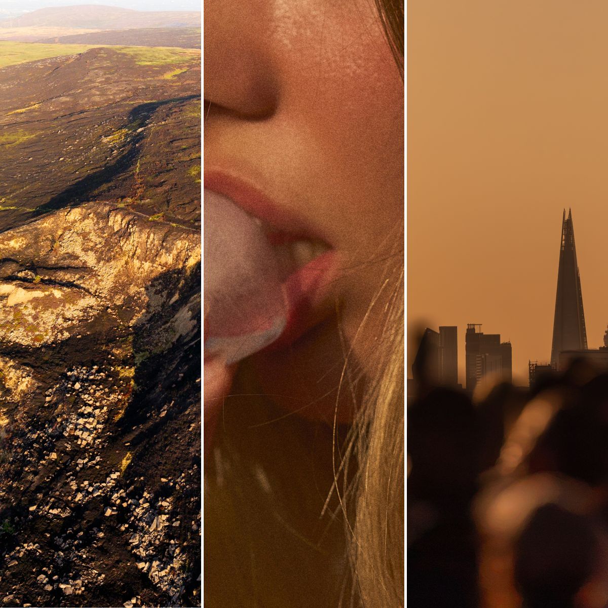 Parched earth, a woman drinking water and London&rsquo;s skyline illustrate drought and growing concerns around AI water use.