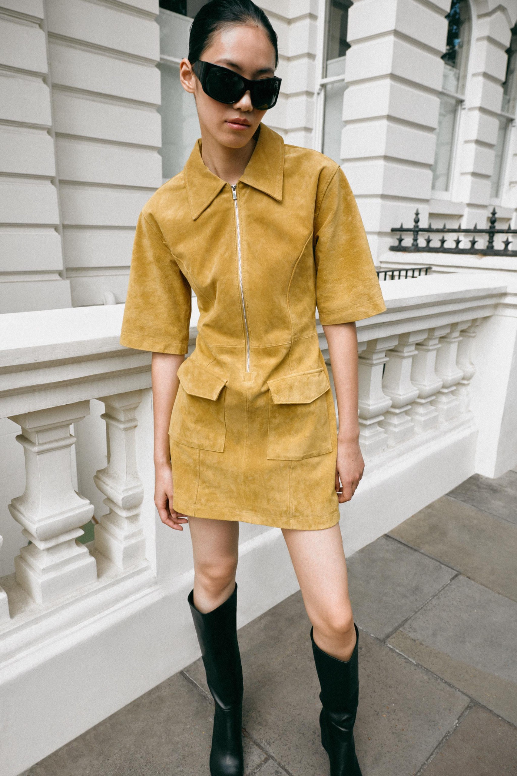 100% Leather Zip-Up Mini Dress - Mustard - Xs