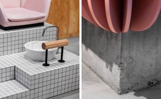 Two side-by-side photos of Le Hideout. The first photo is a close up of the pedicure area featuring a tiled platform, pink chair, sink and tap. And the second photo is a close up of the concrete base that the peach shelving structure sits on