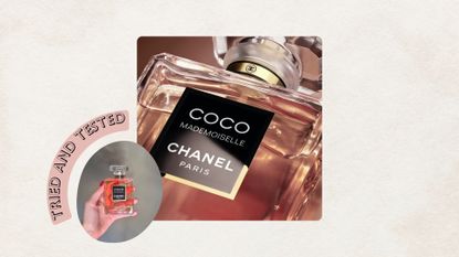 A product shot of the new Chanel Coco Mademoiselle Crush Absolu perfume, alongside a picture of Digital Beauty Writer, Naomi Jamieson, holding the bottle of perfume in her hand alongside the words 'Tried and Tested'/ in a cream template.