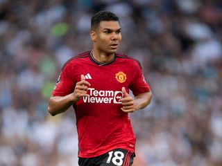 Casemiro of Manchester United during the Premier League match between Tottenham Hotspur and Manchester United at Tottenham Hotspur Stadium on August 19, 2023 in London, England.