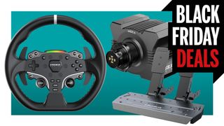 The Moza R5 direct drive racing wheel bundle on a teal background with the Black Friday Deals text in the top right