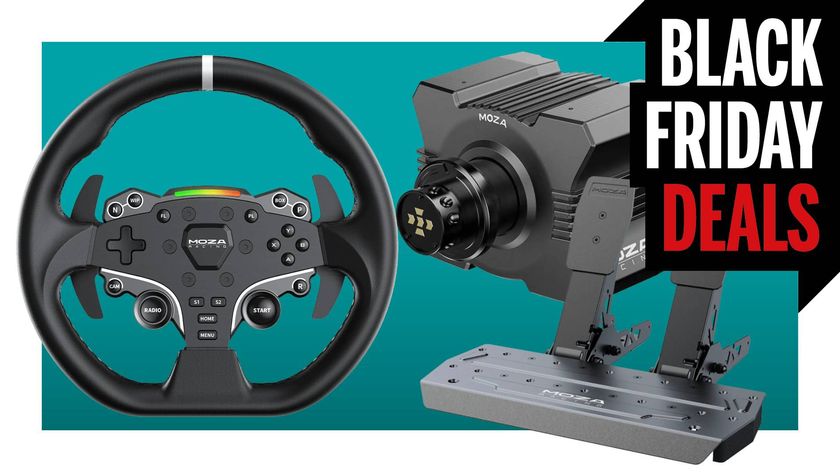 The Moza R5 direct drive racing wheel bundle on a teal background with the Black Friday Deals text in the top right