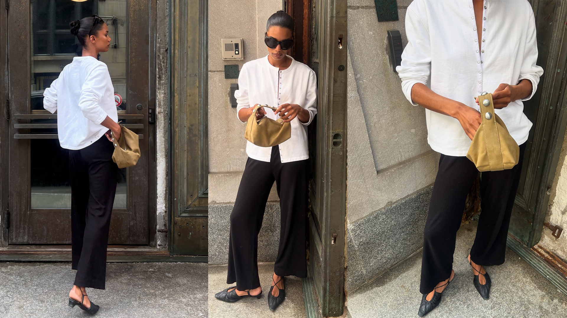 audrey wears white cardigan, black pants, black slingbacks and a green handabg