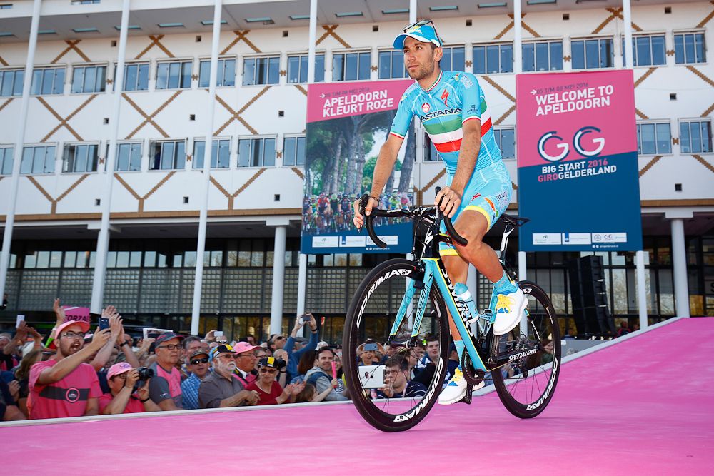 Vincenzo Nibali rides onto the stage at the team presentation