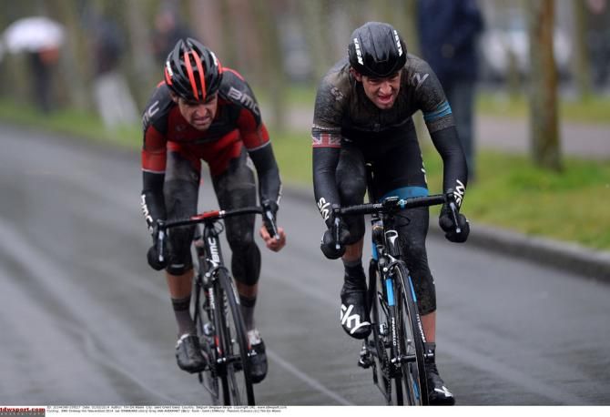 Greg Van Avermaet and Ian Stannard head for the finish in Omloop Het Nieuwsblad