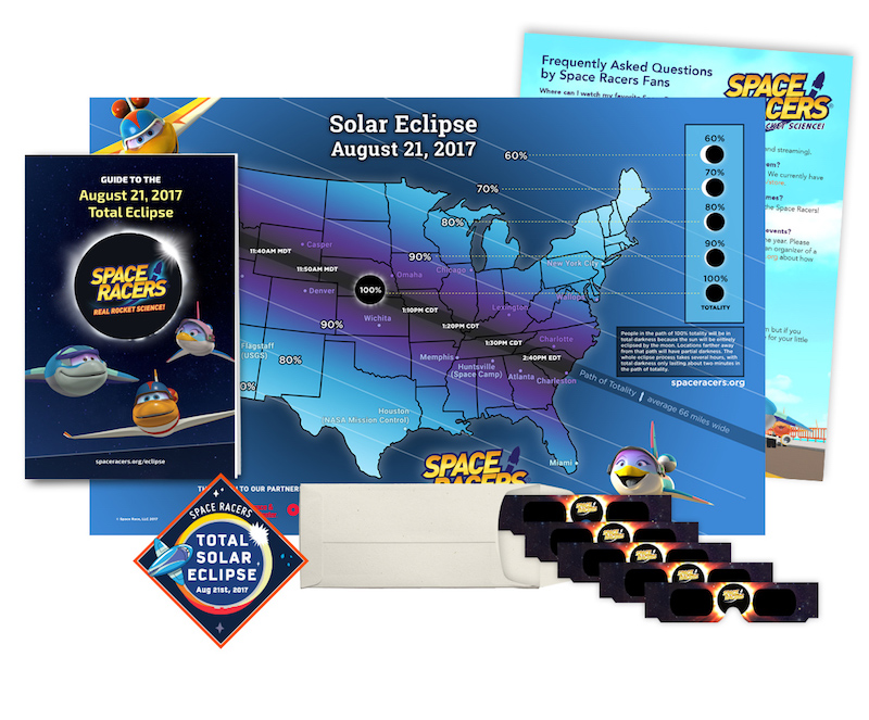 This Space Racers Eclipse Kit comes with glasses, an eclipse map, an information booklet and a limited edition mission patch.