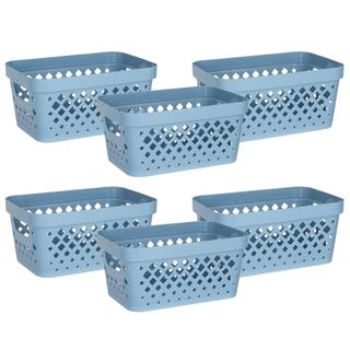 Blue hard plastic storage bins with a diamond hole pattern. set of 6 