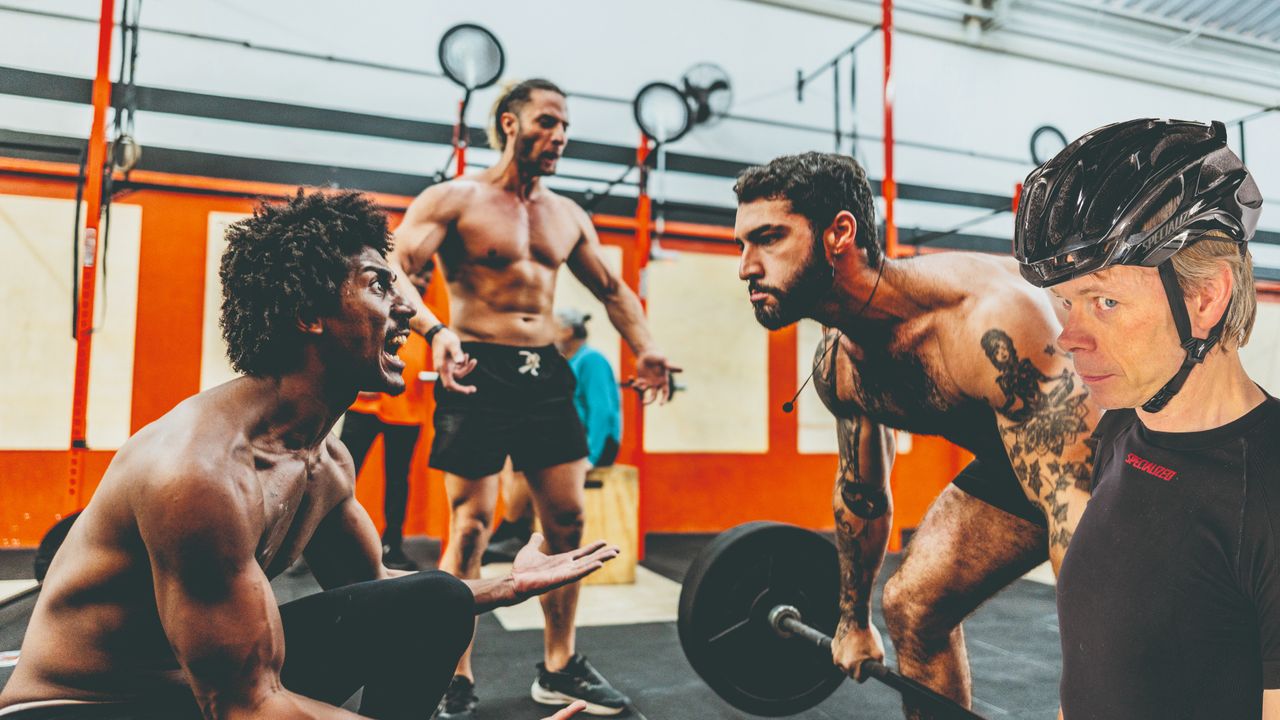 Michael Hutchinson superimposed into the corner of a gym image with men cheering each other on