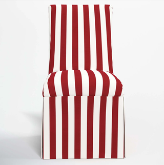 Skirted dining chair in red and white stripes.