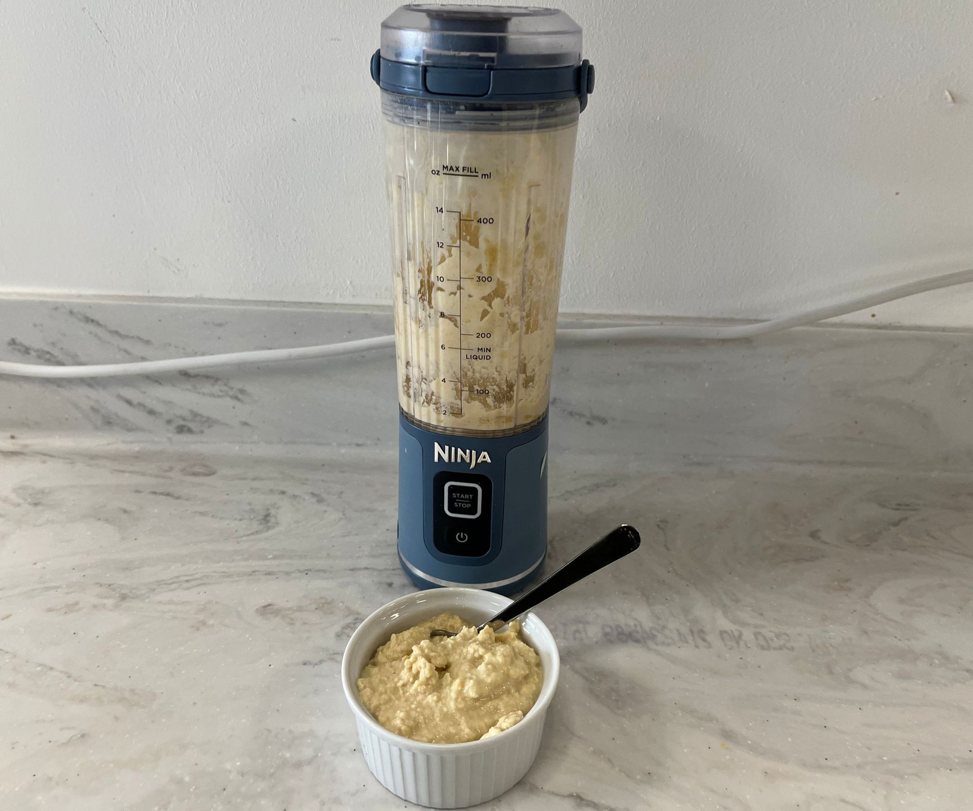 The results of our hummus test in the Ninja Blast. You can see that it's thick and roughly chopped but otherwise a good job