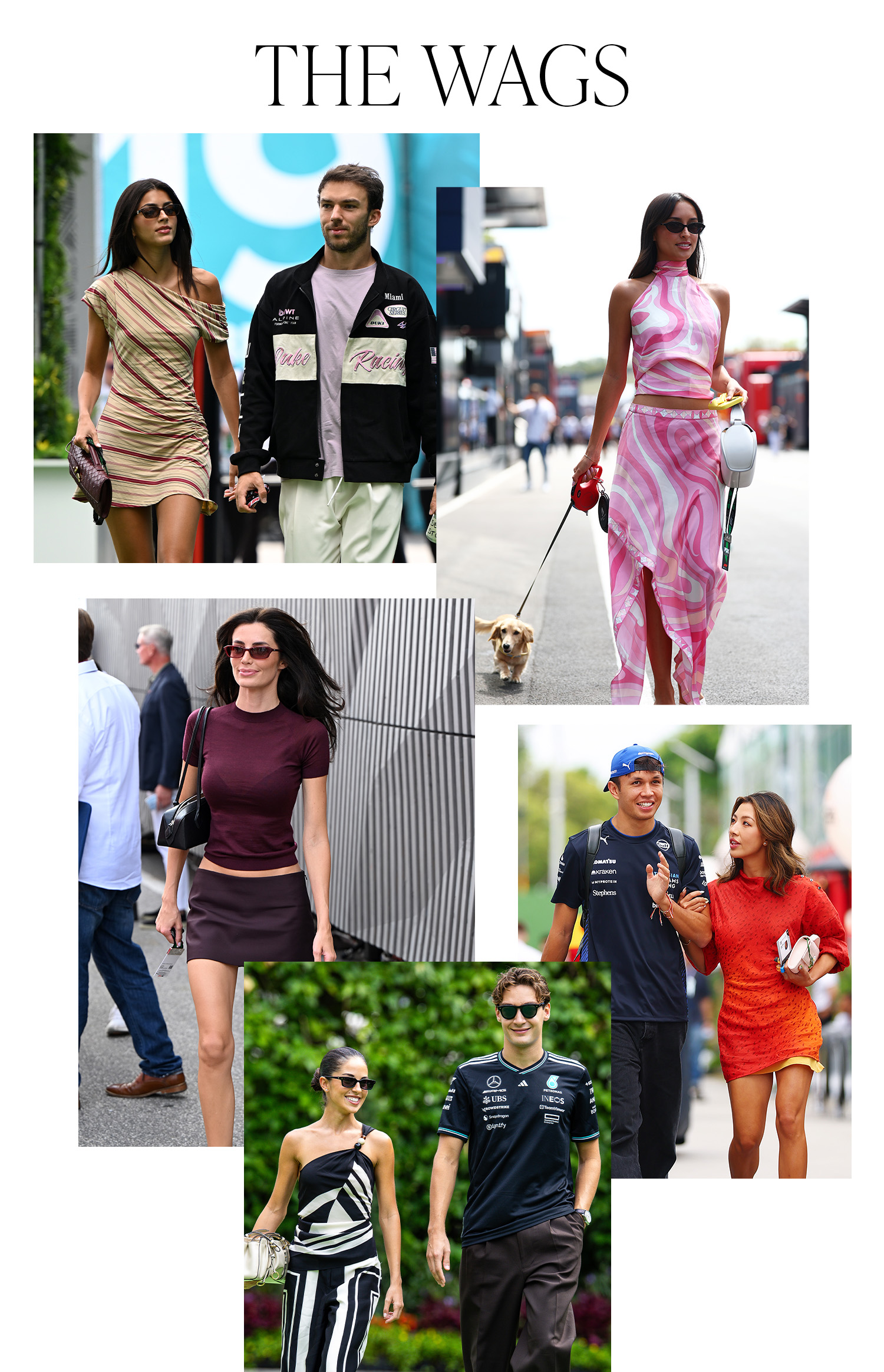 Paddock photos of Kika Gomes and Pierre Gasly, Alexandra Saint Mleux, Rebecca Donaldson, Alex Albon and Lily Muni He, and Carmen Montero Mundt with George Russell. The collage says &quot;The WAGs&quot; on top.