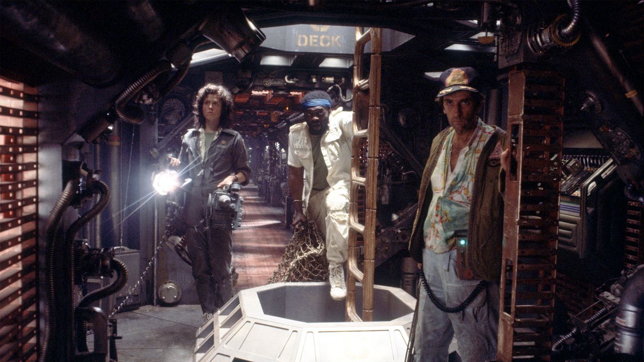 American actors Sigourney Weaver, Yaphet Kotto and Harry Dean Stanton on the Nostromo set of "Alien," directed by Ridley Scott.