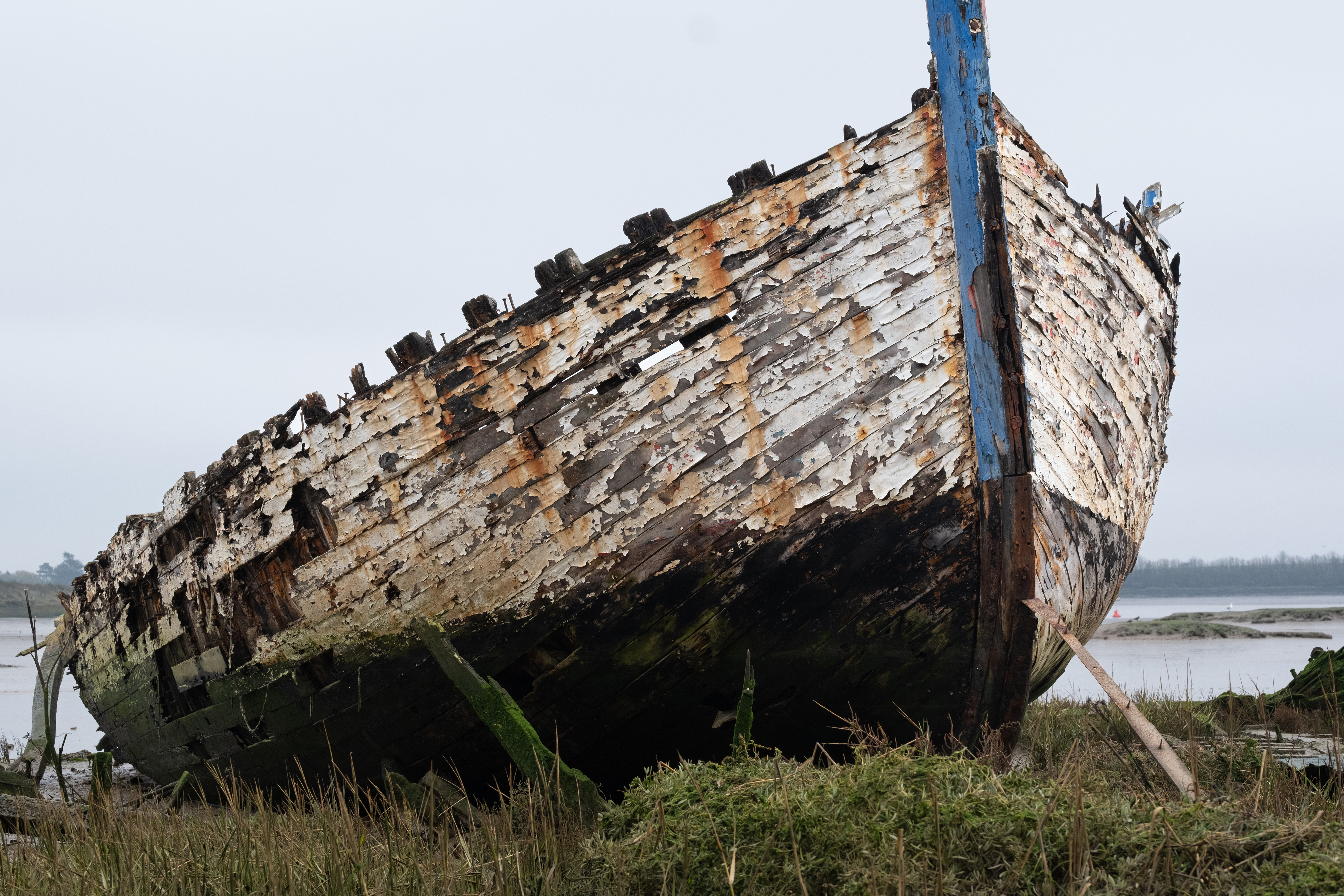 A shipwreck resting on the grass in front of mud flats