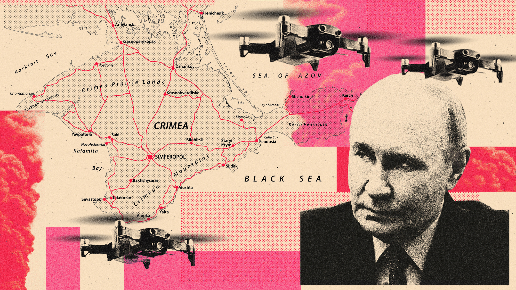 Illustration of Vladimir Putin, a map of Crimea and drones