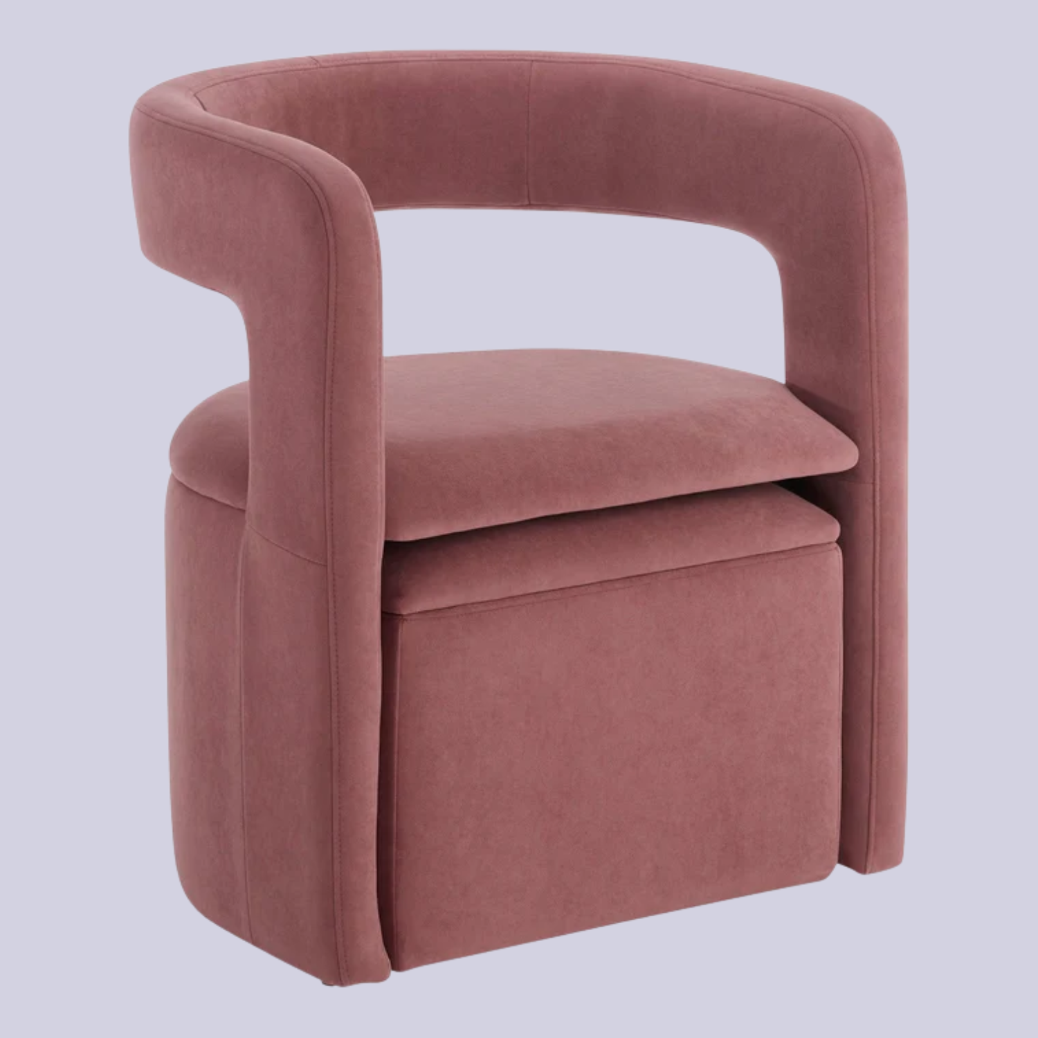 A dusty pink storage chair against a purple background