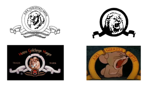 MGM black and white logos from 1939-1966, showing lion in film reel. Still from opening credits sequence and from Tom & Jerry parody where Jerry is imitating the MGM lion.
