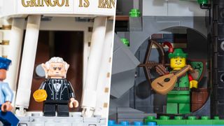 A goblin minifigure on the steps to Gringotts, next to a bard hidden in a cave