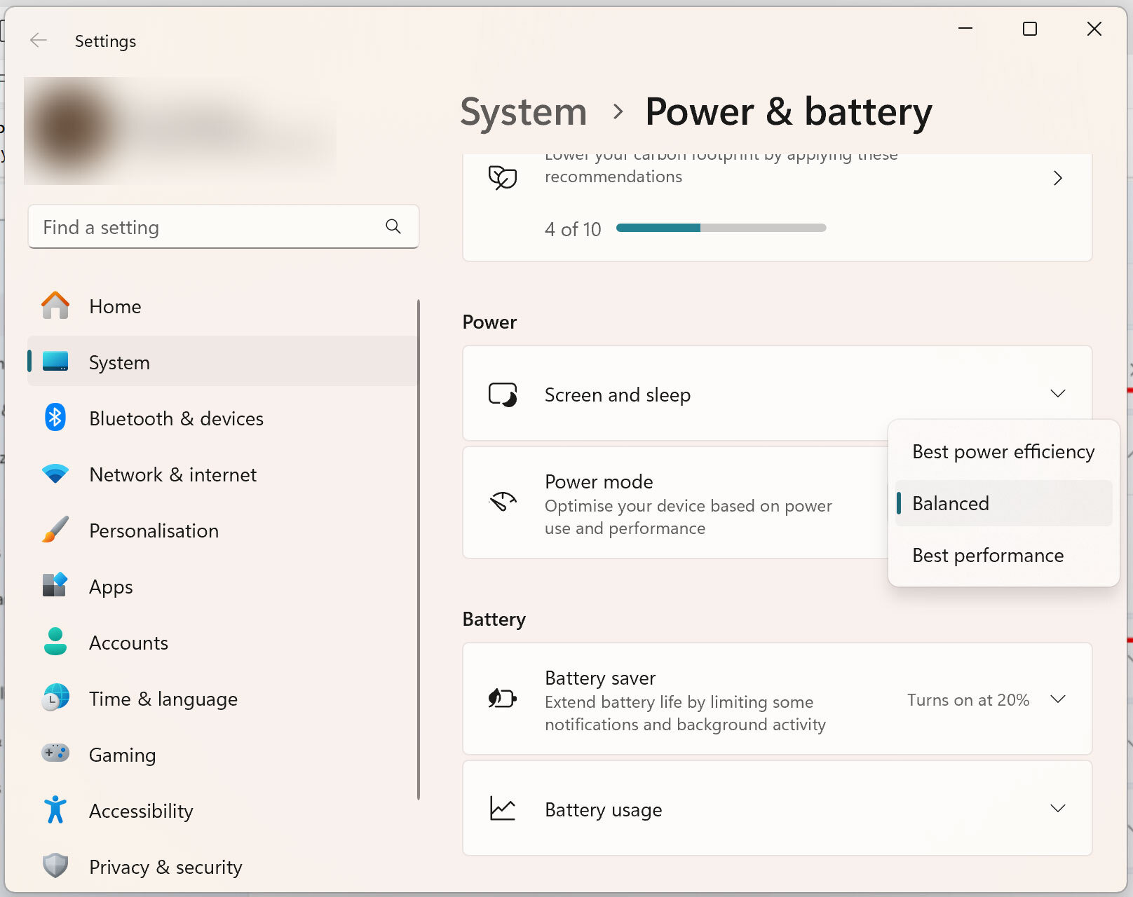 Windows 11 Power & battery settings