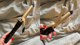 Two adjacent images showing hand-held views of the TRESemme Body & Volume Classic Ceramic Curling Tong