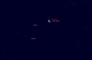 Saturn appears to shine extremely close to the moon in this sky map depicting the location of the planet, the moon, Mars and the asteroid Ceres high in the northwest sky as seen at 7:32 p.m. local time at the Australia National Radio Observatory on Monday