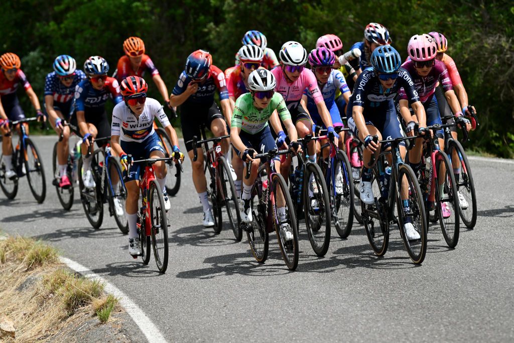 ALASSIO ITALY JULY 06 LR Gaia Realini of Italy and Team Lidl Trek White Best Young Rider Jersey Niamh FisherBlack of New Zealand and Team SD Worx Green Mountain Jersey Annemiek Van Vleuten of The Netherlands and Movistar Team Pink Leader Jersey Juliette Labous of France and Team DSMFirmenich and Veronica Ewers of The United States and Team EF EducationTibcoSvb Purple Points Jersey compete during the 34th Giro dItalia Donne 2023 Stage 7 a 1091km stage from Albenga to Alassio Santuario della Guardia 551m UCIWWT on July 06 2023 in Alassio Italy Photo by Dario BelingheriGetty Images