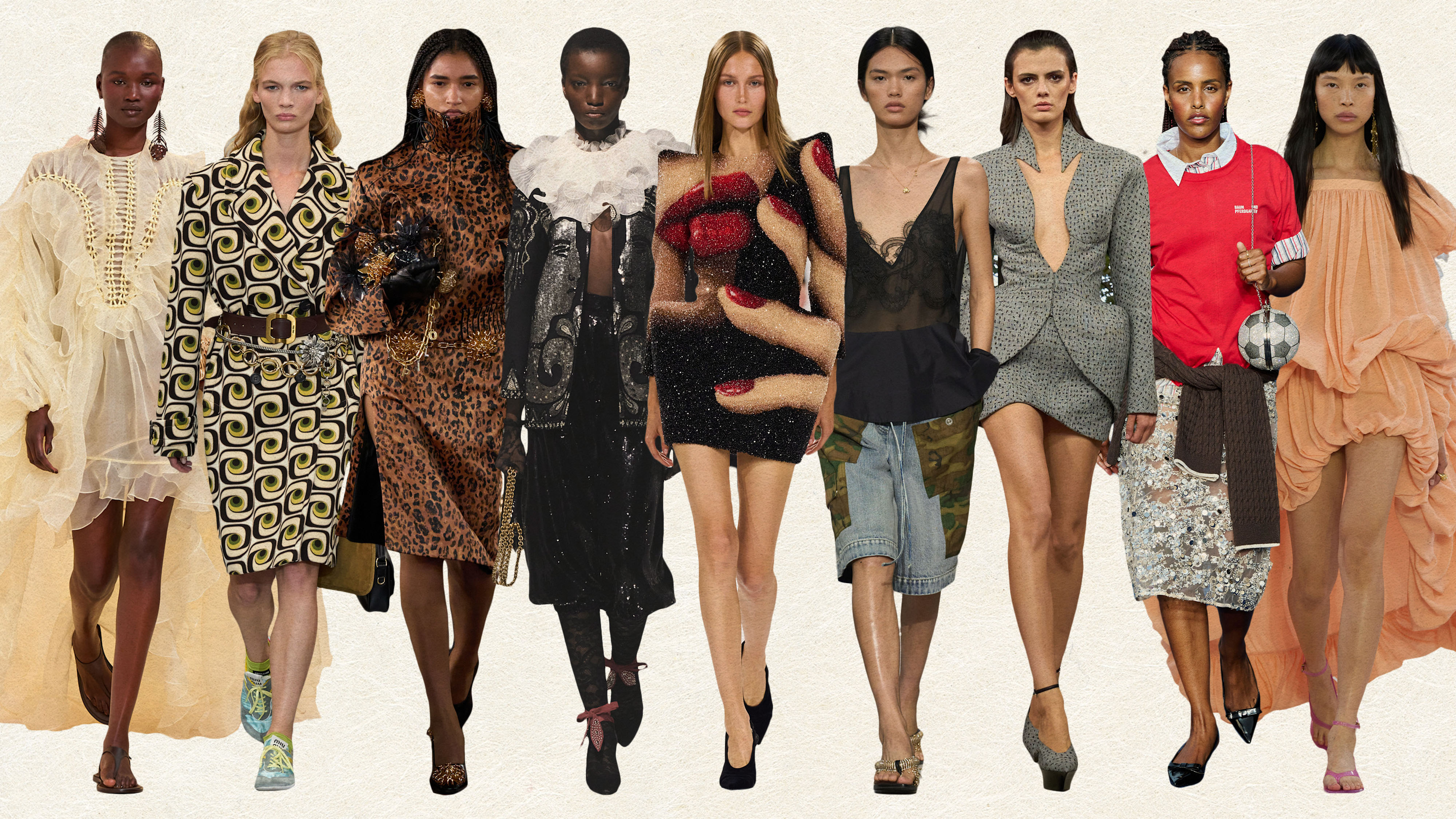 A collage of runway images showing the best maximalist spring trends for 2025.