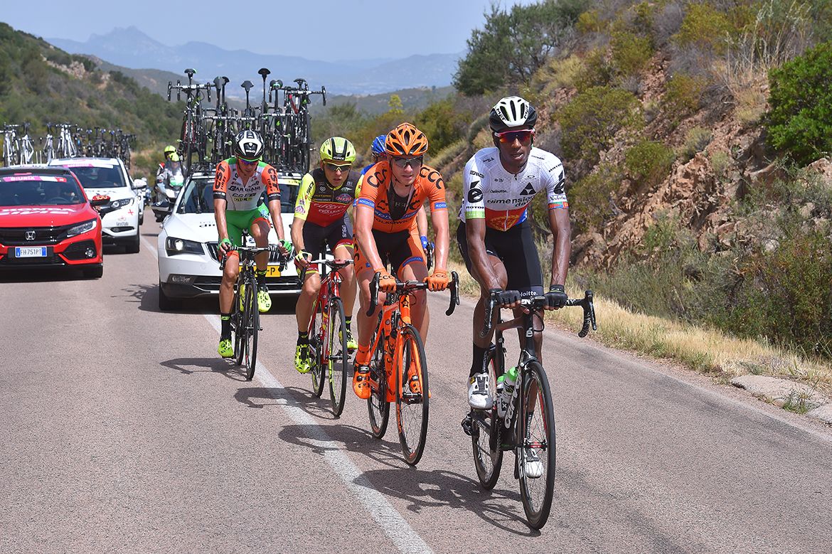 Daniel Teklehaimanot leading the break on stage 2 of the Giro d'Italia