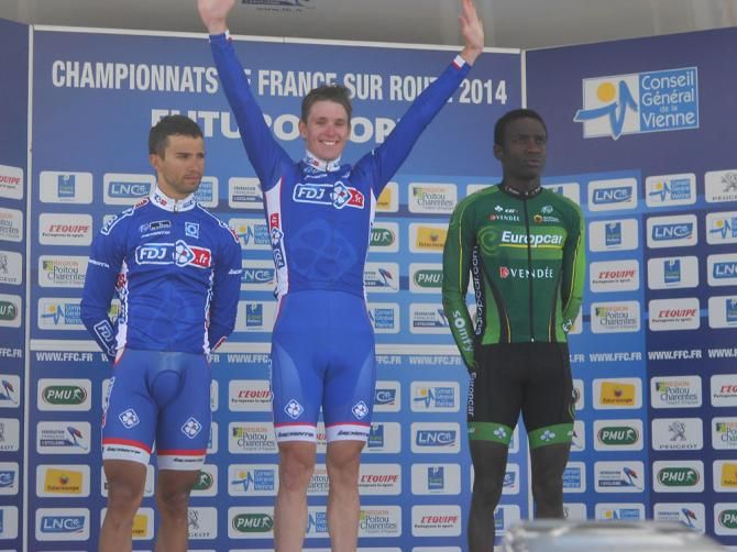 French national champion Arnaud D&eacute;mare on top of the podium