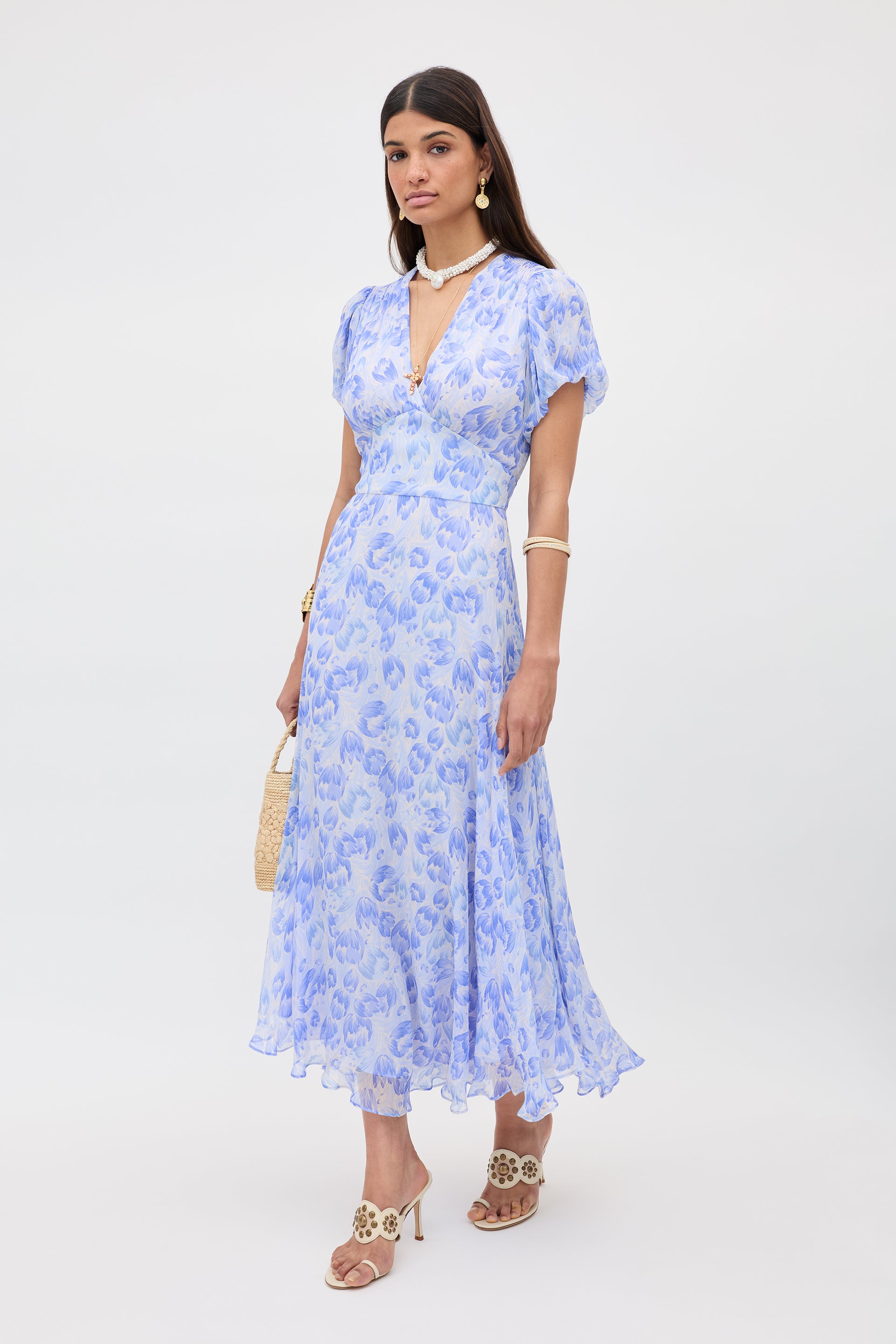 Corrine Chiffon Dress in Tulip Fields Cornflower Blue