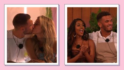 a collage image featuring four of the winter Love Island 2023 contestants, Ron Hall and Lana Jenkins, Tanya Manhenga and Shaq Muhammad, with a pink border around the image