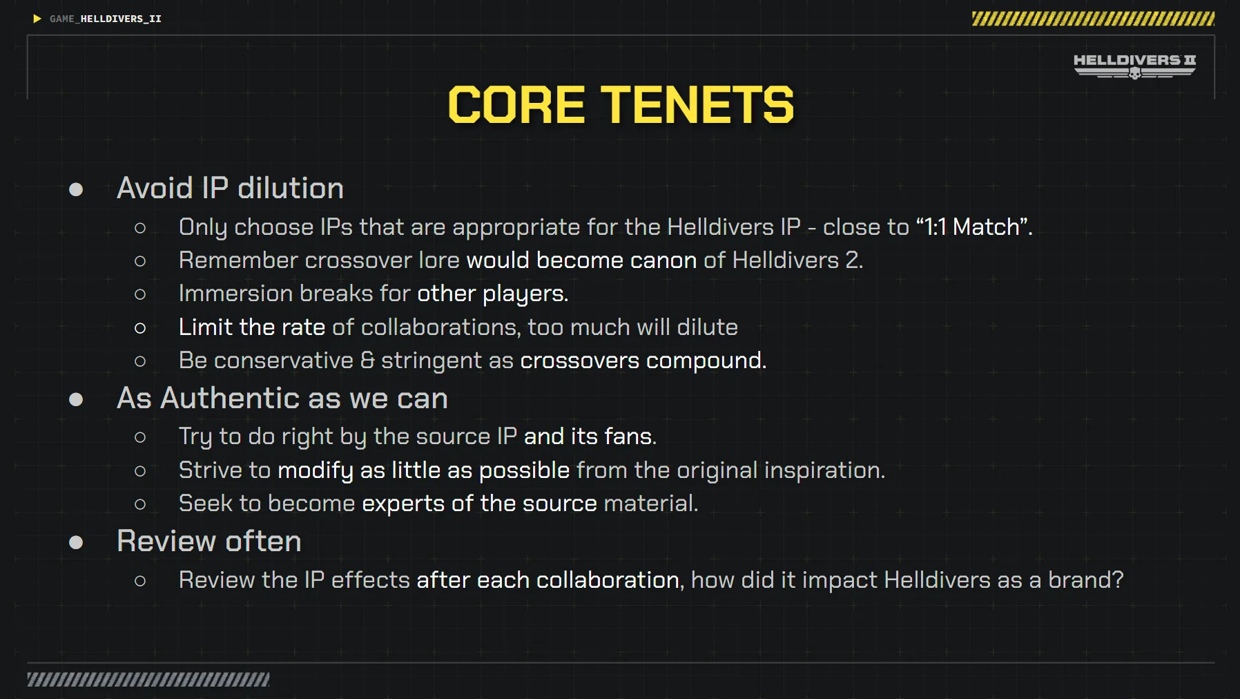 Arrowhead Game Studios' "core tenets" for ensuring a potential Helldivers 2 crossover is a good fit.