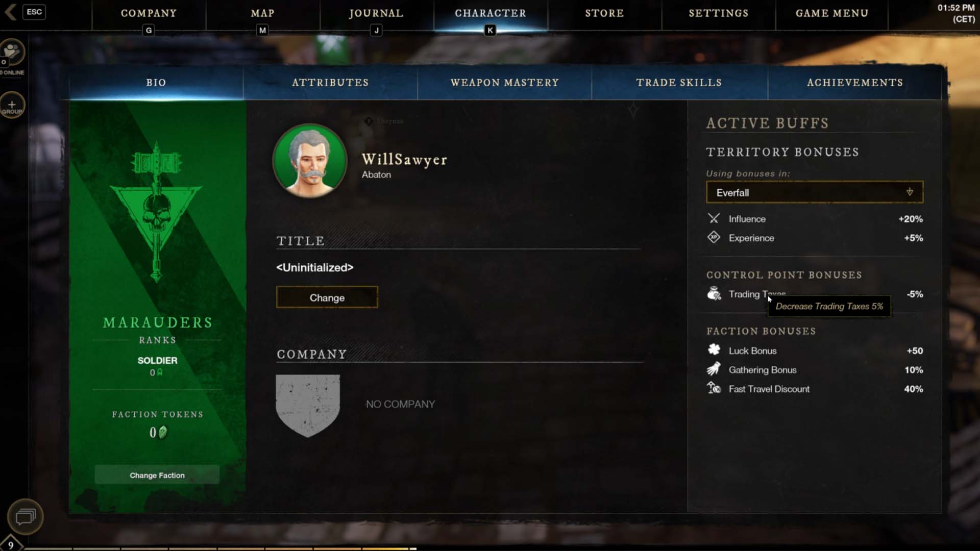 New World player bio page faction benefits